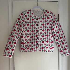 J Crew Quilted Floral Jacket Pink Green White Size 0 Round Neck Button Front